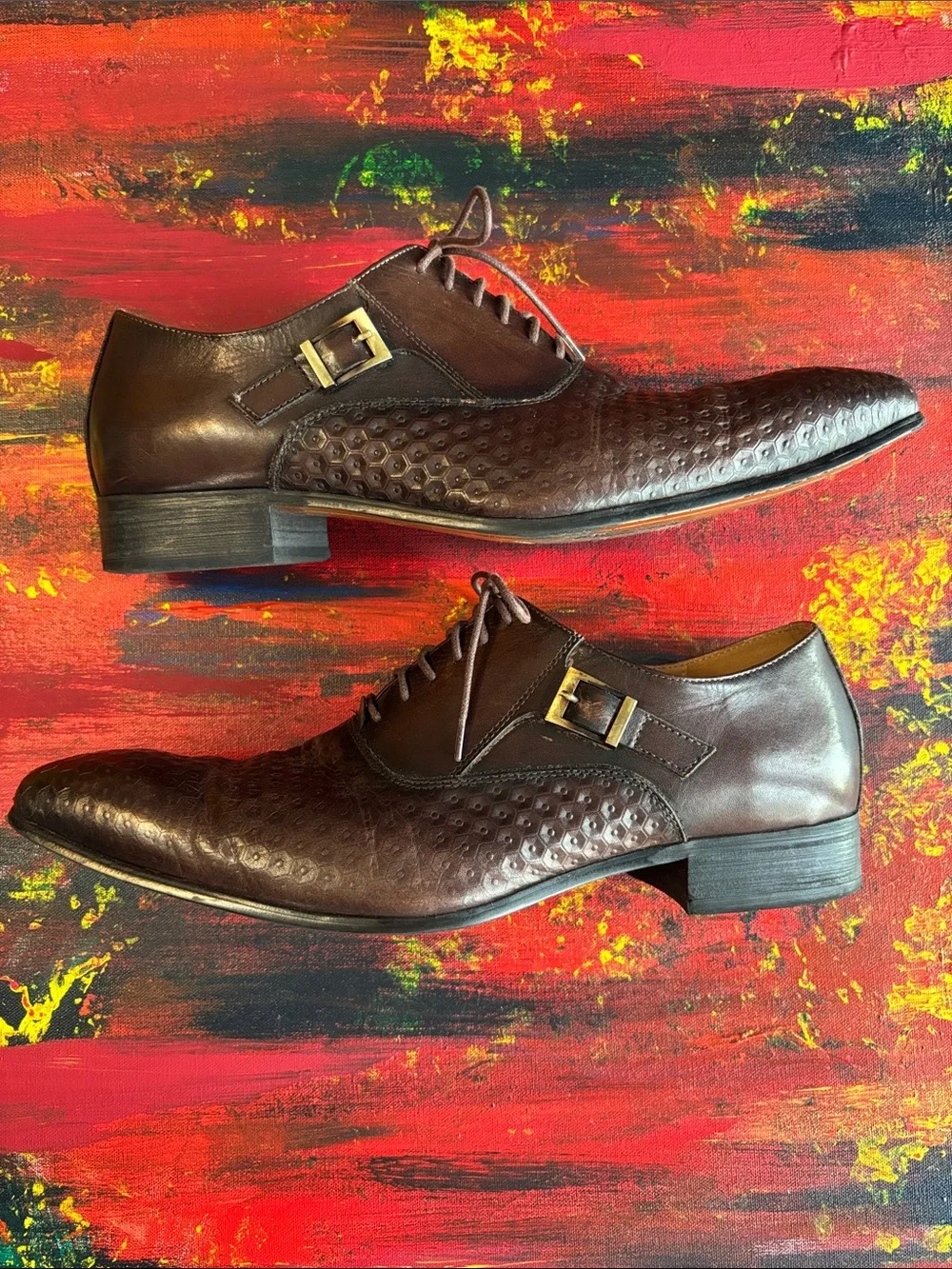 Felix Chu Men's Brown Leather Lace-Up Geometric Hexagon Embossed Oxfords F87-76